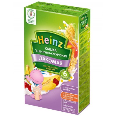 Лакомая кашка Heinz молочная пшенично-кукурузная персик-банан с 5 мес, 200 гр